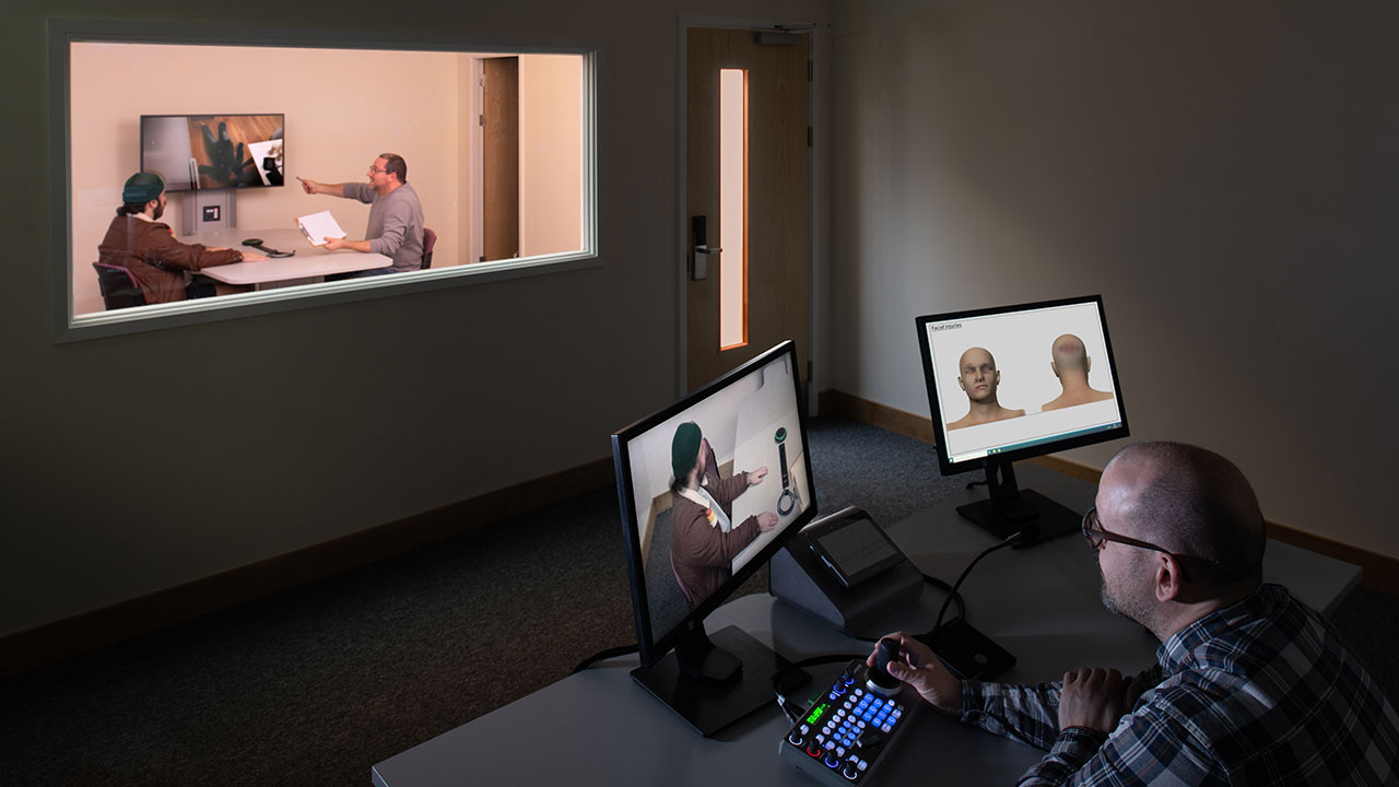 Crime suite / murder house, forensic criminology and policing facility.Interview room, CCTV monitoring and two way glass. Edited for Hero.