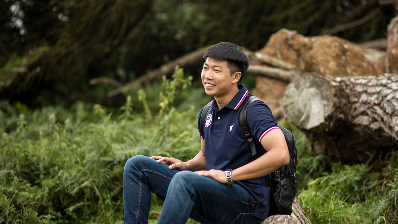 International student on a daytrip to Mount Edgcumbe, overlooking Plymouth Sound