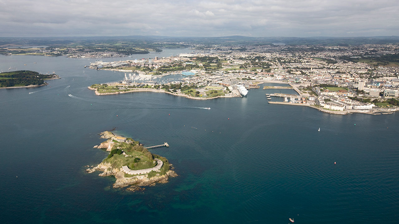 Plymouth Sound: Arial view of Plymouth waterfront from the Hoe to the Dockyard and beyond.