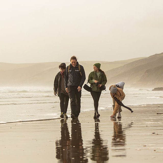4 students walking along a misty beach