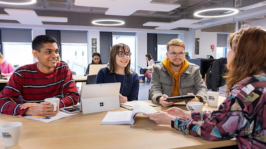 Engineering students meeting with a lecturer in a seminar