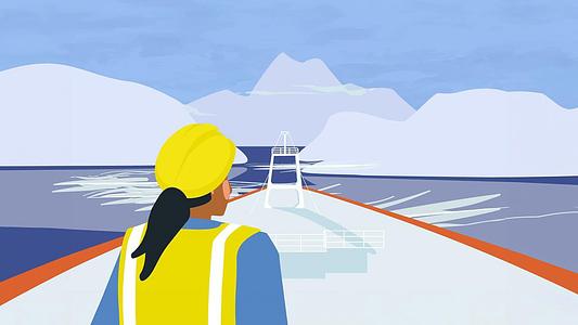 In the field in Antarctica, an illustration showing a person in a hardhat on a ship sailing through Antactica.