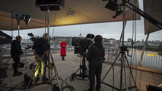 Sophie Raworth from BBC News broadcasting from Marine Station balcony